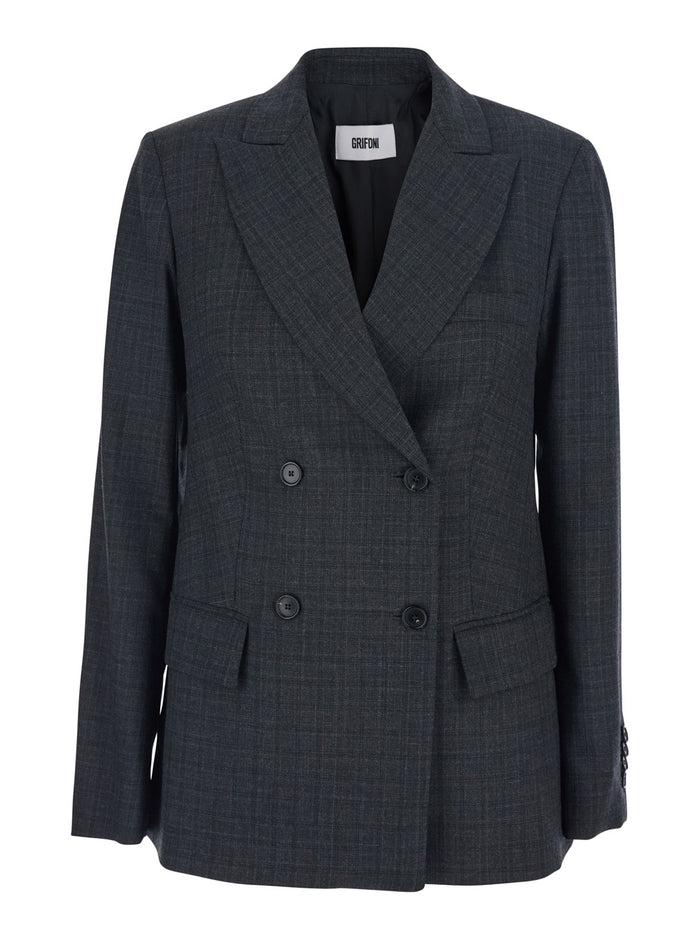 Grey Double-Breasted Jacket With Peak Revers And All-Over Striped Motif Wool Woman Blazers
