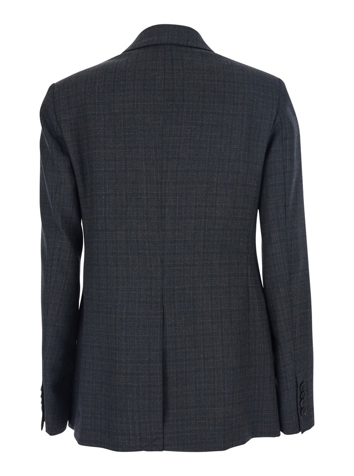 Grey Double-Breasted Jacket With Peak Revers And All-Over Striped Motif Wool Woman Blazers