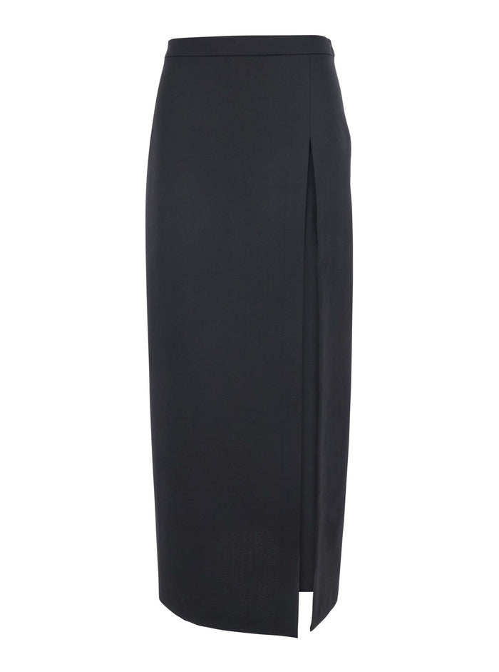Black Skirt With Front Single Slit Fabric Woman