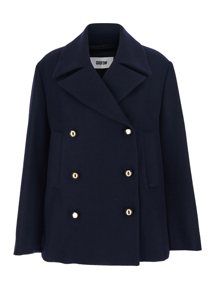 Blue Double-Breasted Jacket With Wide Classic Lapels Wool Woman Blu