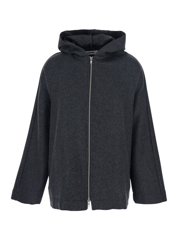 Grey Jacket With Fixed Hood And Zip-Up Fastening Wool Blend Woman