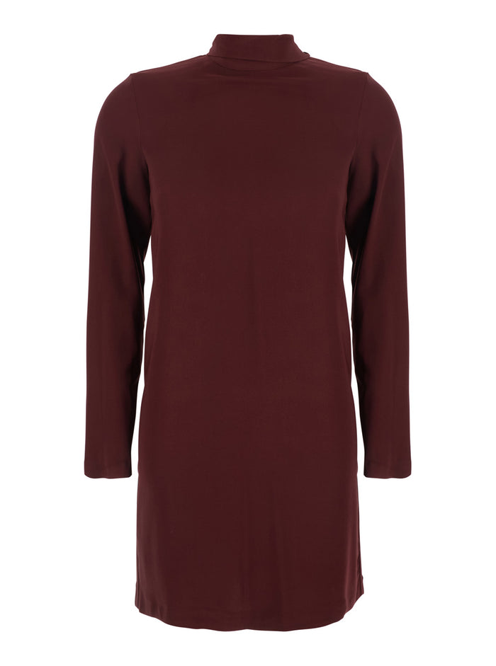 Bordeaux Dress With High Neck And Rear Scarf Embellishment Fabric Woman