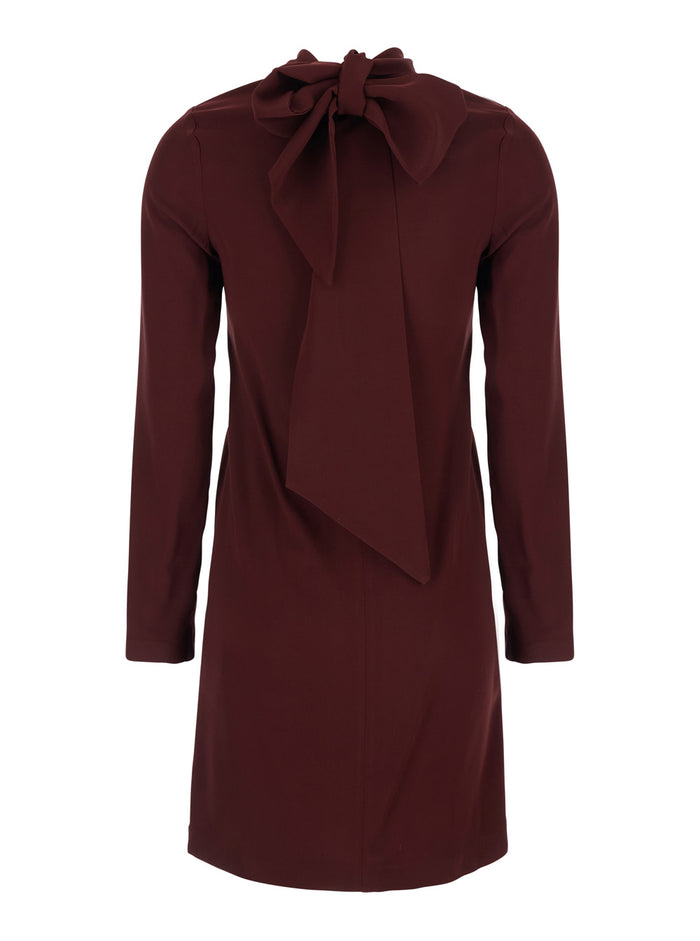 Bordeaux Dress With High Neck And Rear Scarf Embellishment Fabric Woman