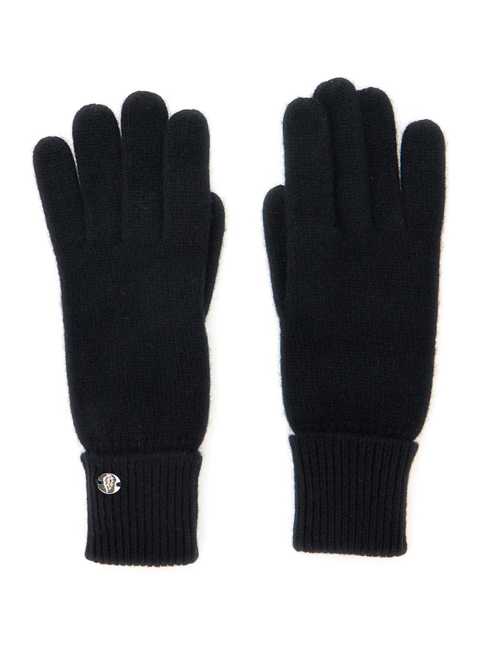 Blaire Black Gloves with Logo Plaque Detail on the Front and Ribbed Details in Cashmere Woman Hats