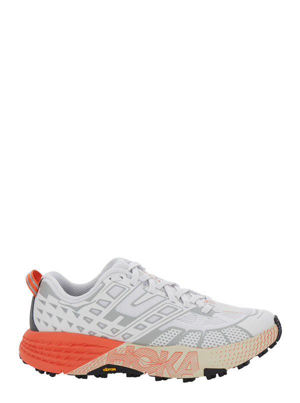 White Low Top Sneakers With Geometric Motif Tech Fabric Trainers