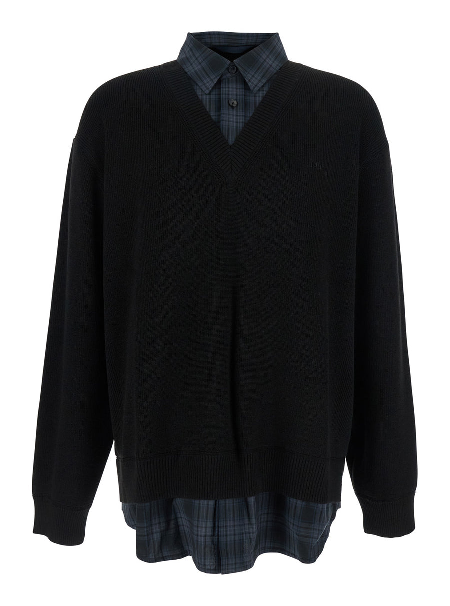 Black Sweater With Layered Design Cotton And Wool Blend Tops