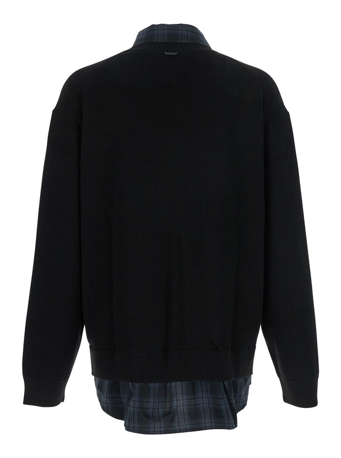 Black Sweater with Layered Design and Classic Collar in Cotton Wool Blend Man Jersey