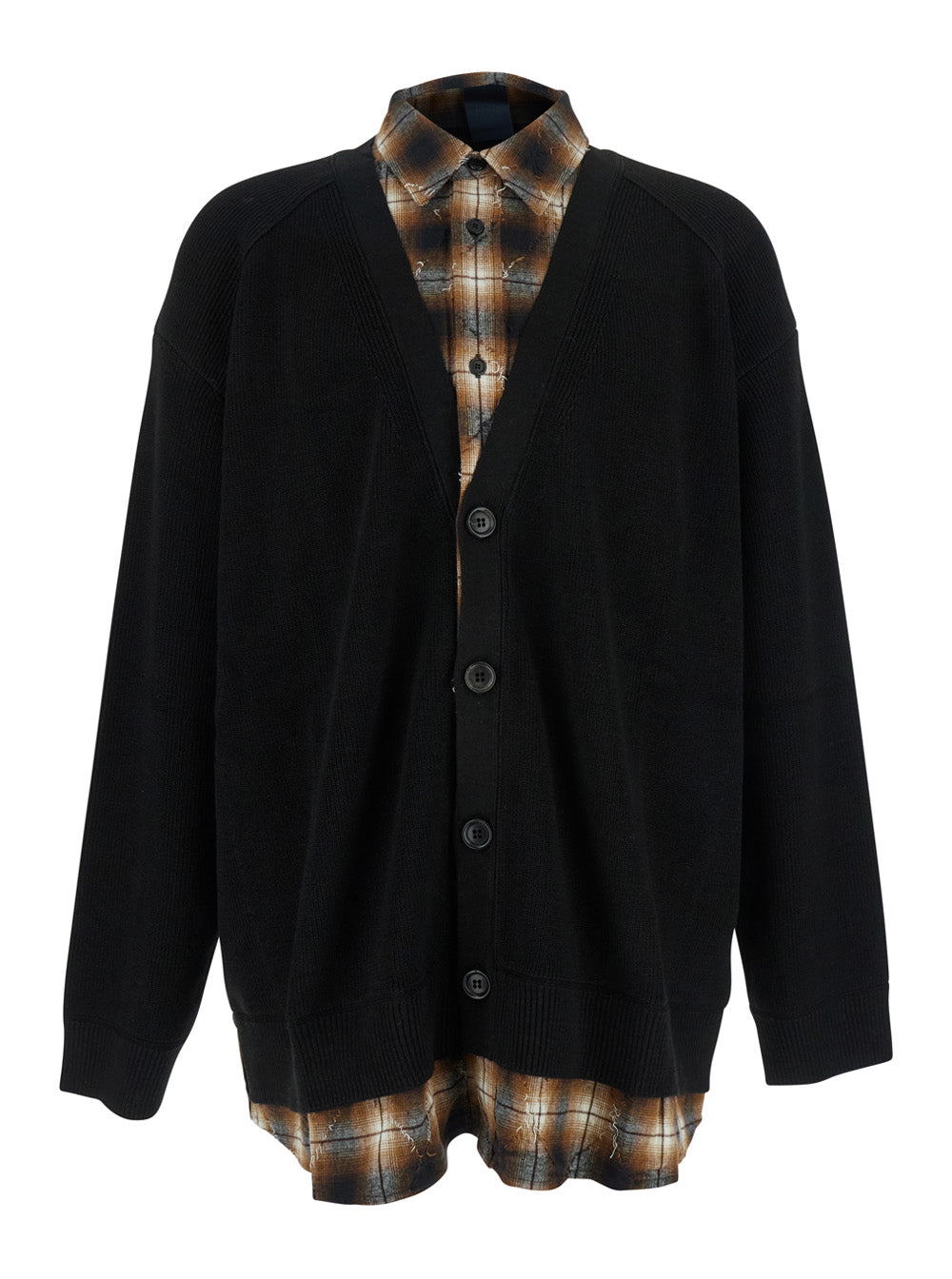 Black Sweater with Layered Design and Classic Collar in Cotton Wool Blend Man Jersey