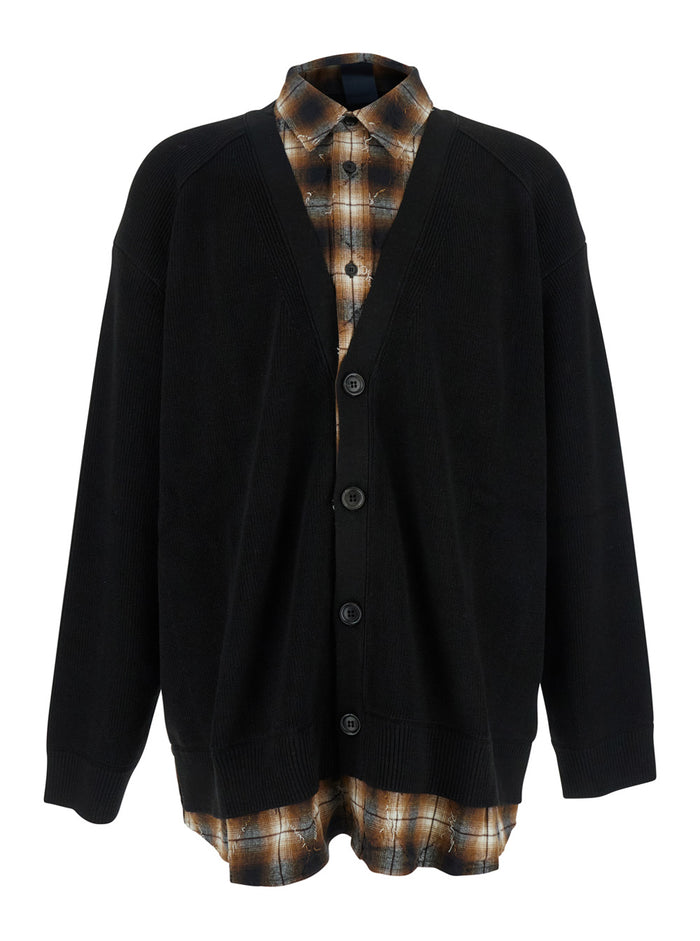 Black Sweater with Layered Design and Classic Collar in Cotton Wool Blend Man Jersey