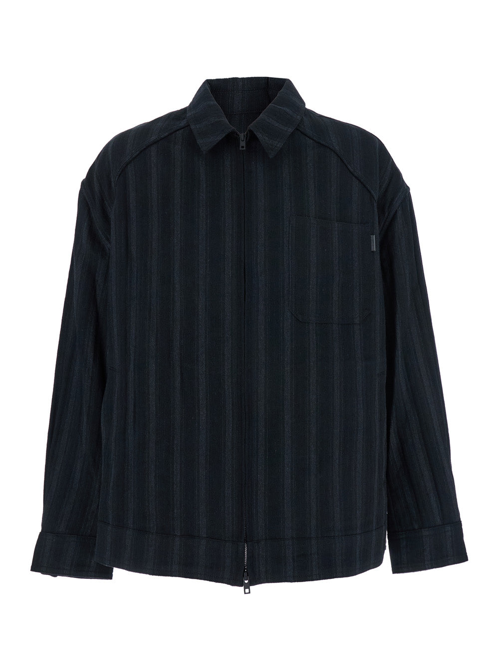 Black Jacket with Classic Collar and All-Over Stirped Motif in Wool Cotton Blend Man Outerwear