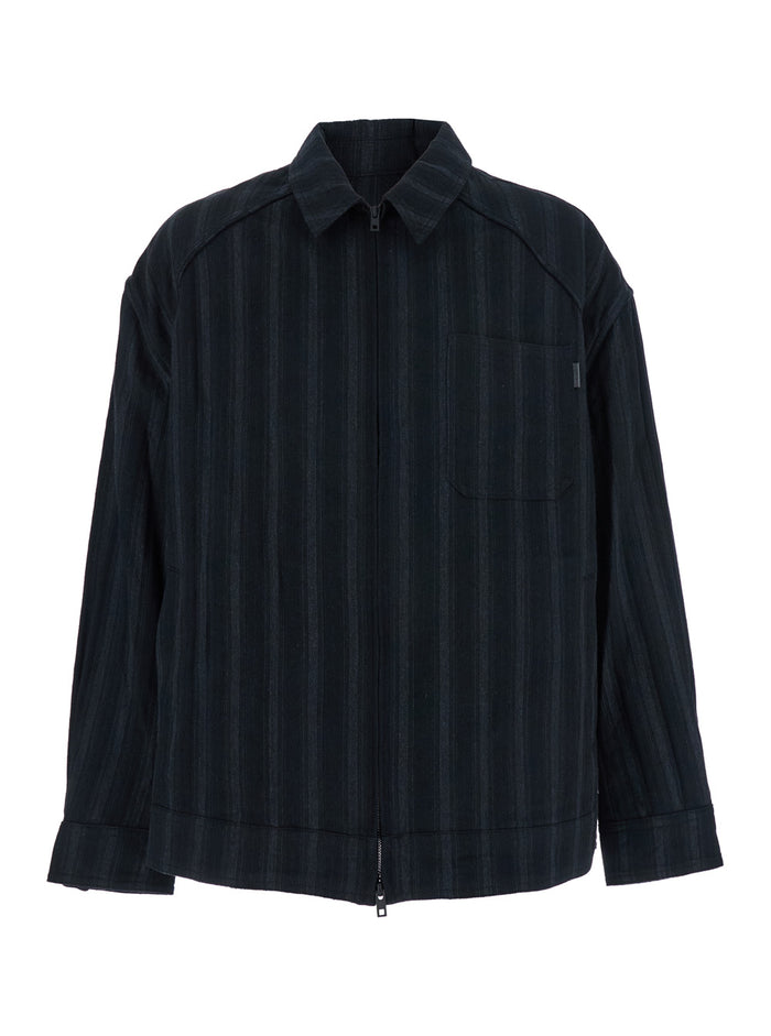 Black Jacket with Classic Collar and All-Over Stirped Motif in Wool Cotton Blend Man Outerwear