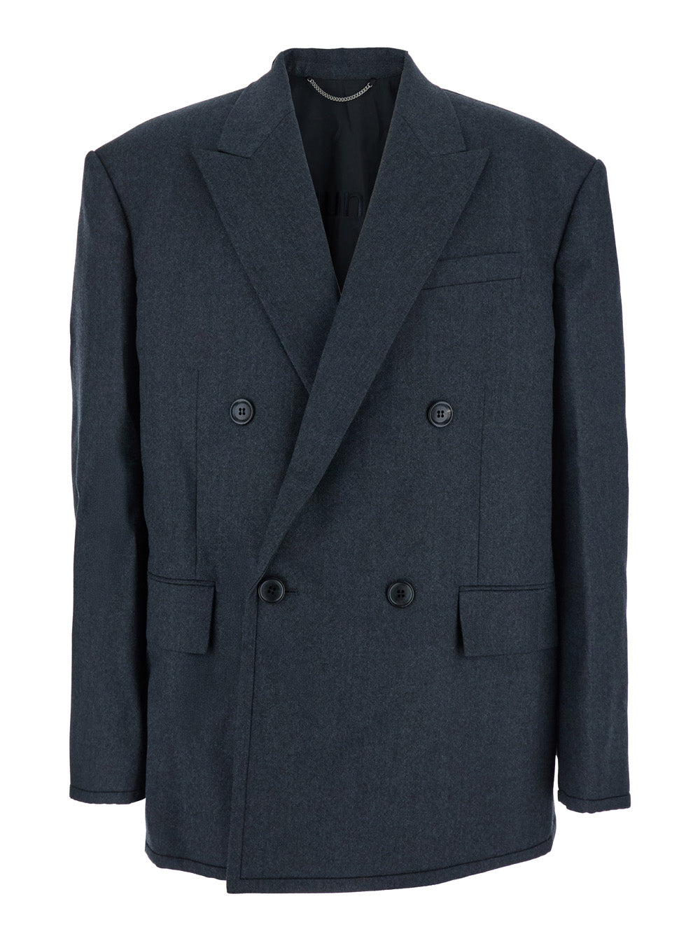 Grey Double-breasted Jacket with Peaked Revers and Patch Pockets on Front in Wool Man Blazers
