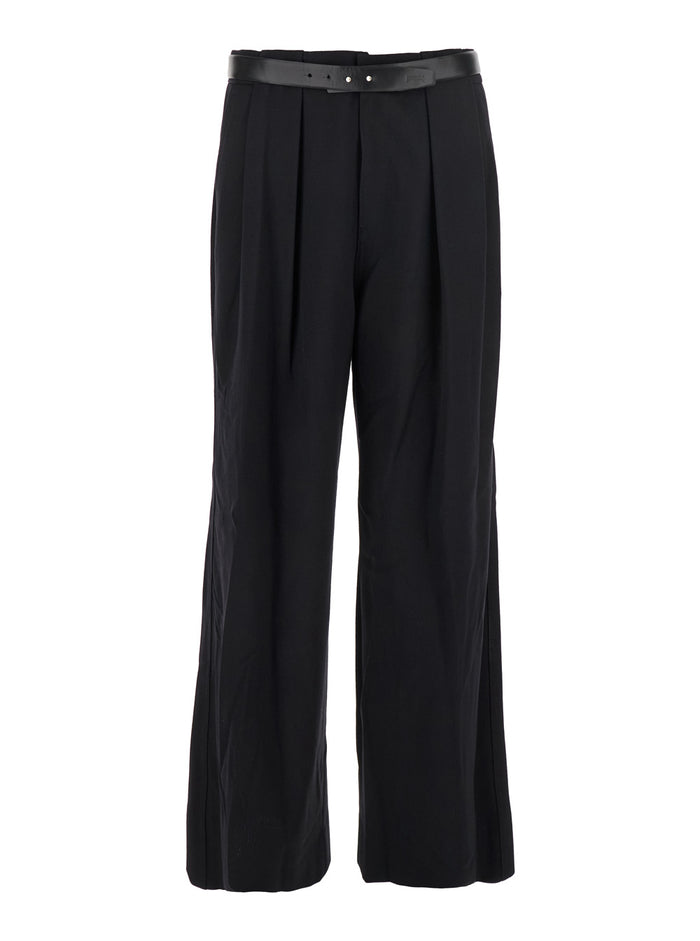 Black Trousers With Built-Belt And Pleated Design Wool Blend Man