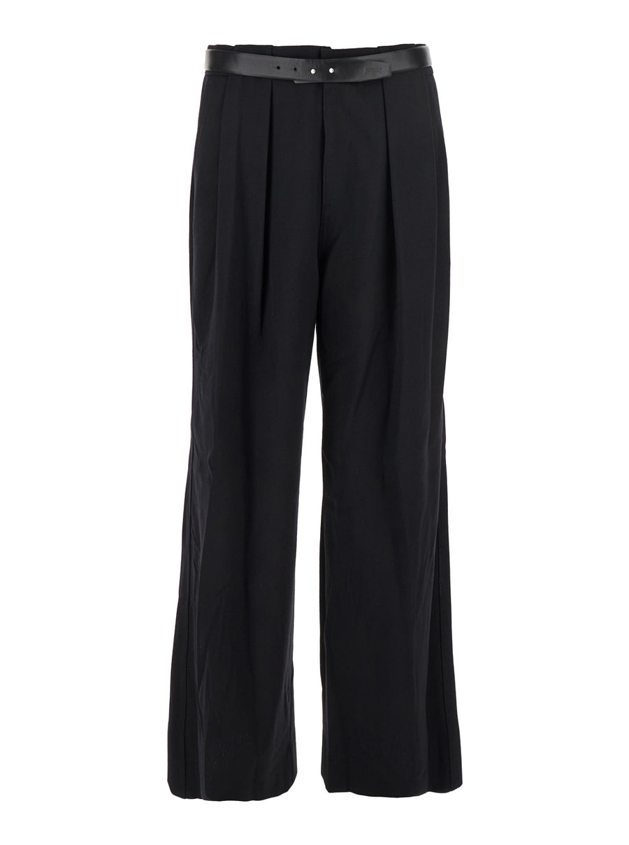 Black Trousers With Built-Belt And Pleats Wool