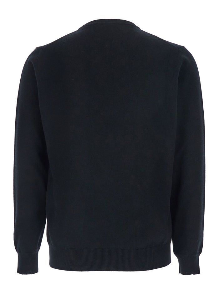 Black Crewneck Sweater with Ribbed Trims in Cashmere Man Jersey