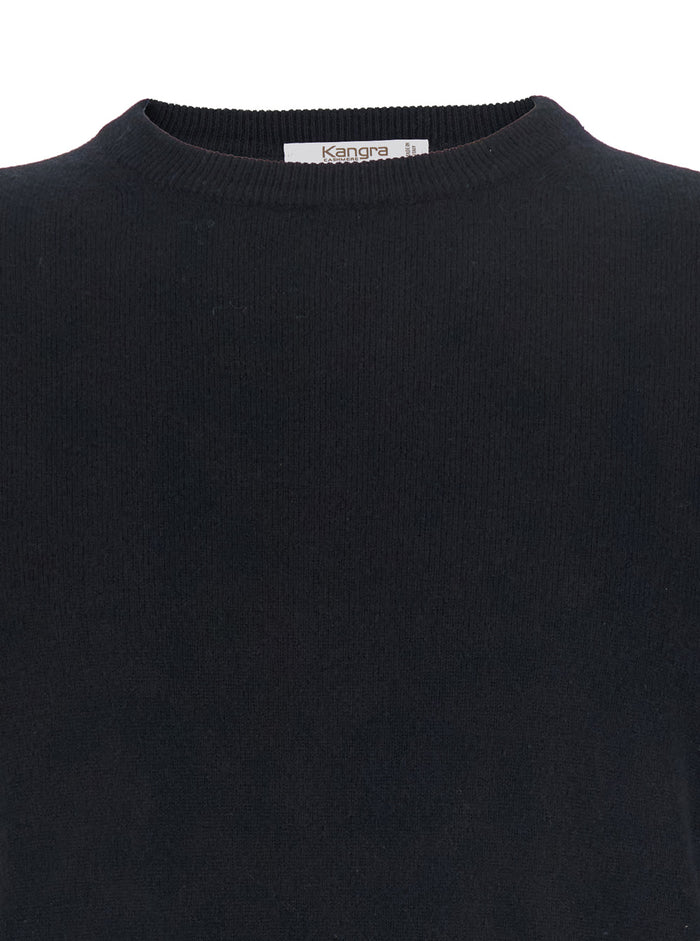 Black Crewneck Sweater with Ribbed Trims in Cashmere Man Jersey