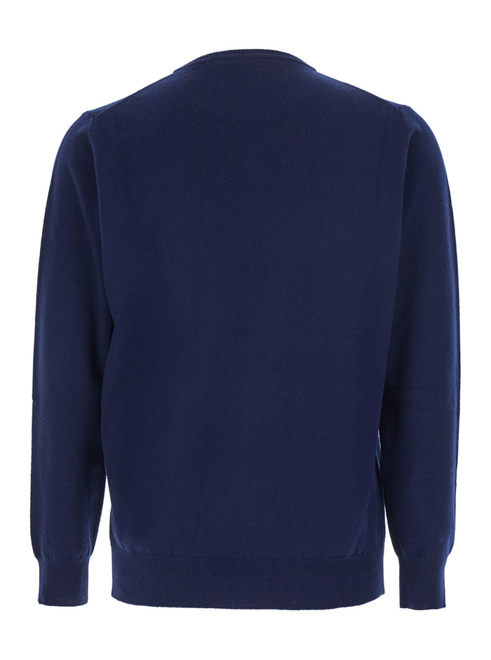 Blue Crewneck Sweater with Ribbed Trims in Cashmere Man Blu Jersey