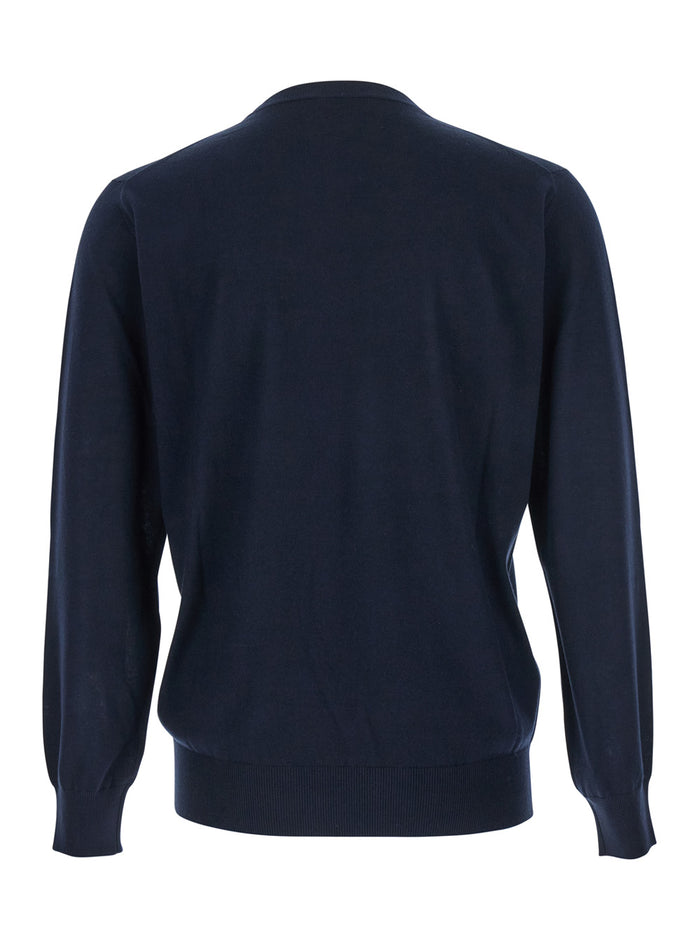 Blue Crewneck Sweater with Ribbed Trims in Wool Man Blu Jersey