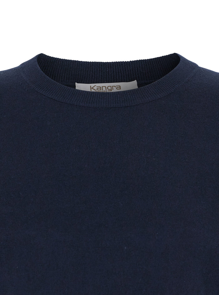 Blue Crewneck Sweater with Ribbed Trims in Wool Man Blu Jersey