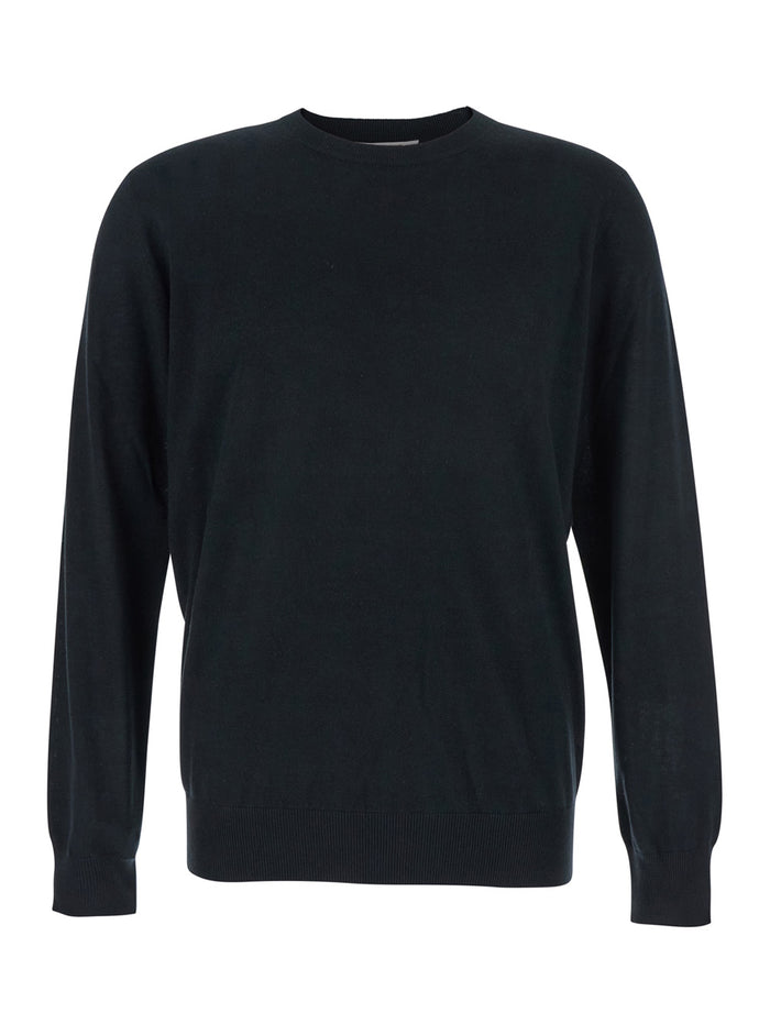 Black Crewneck Sweater with Ribbed Trims in Wool Man Jersey