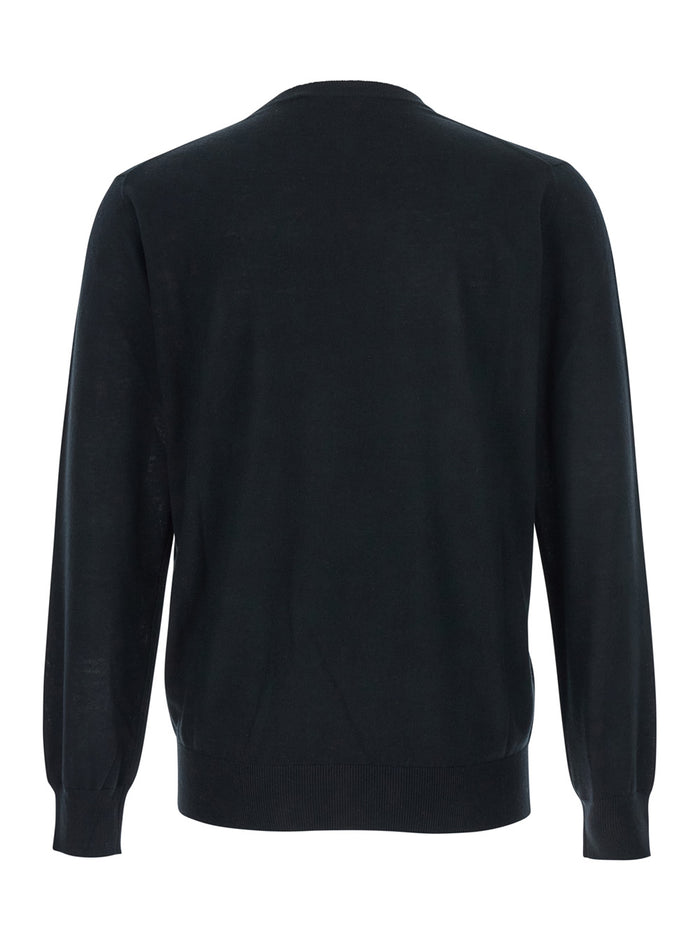 Black Crewneck Sweater with Ribbed Trims in Wool Man Jersey