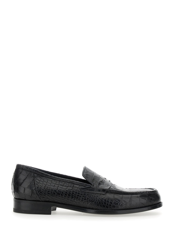 Luisiana Black Loafers With Embossed Crocodile Effect Leather Man Calf