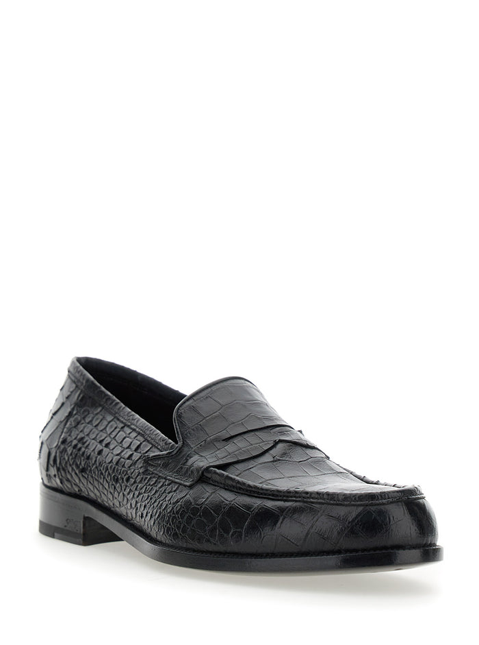 Luisiana Black Loafers With Embossed Crocodile Effect Leather Man Calf