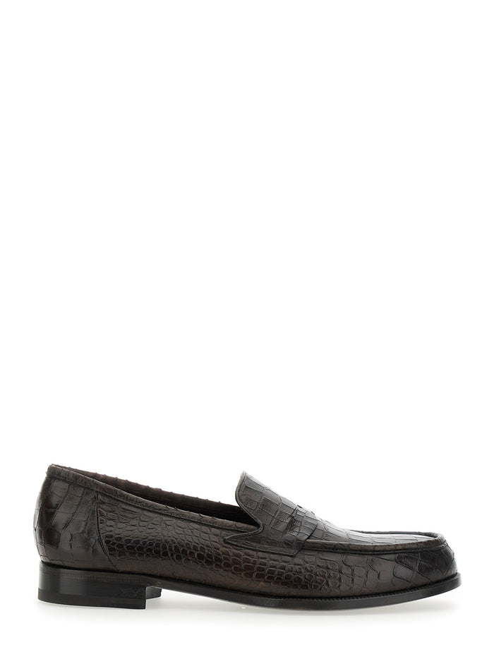 Luisiana Brown Loafers With Embossed Crocodile Effect Leather Man Calf