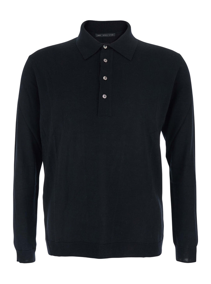 Black Sweater with Polo Shirt Style Collar and Long Sleeves in Wool Man Jersey