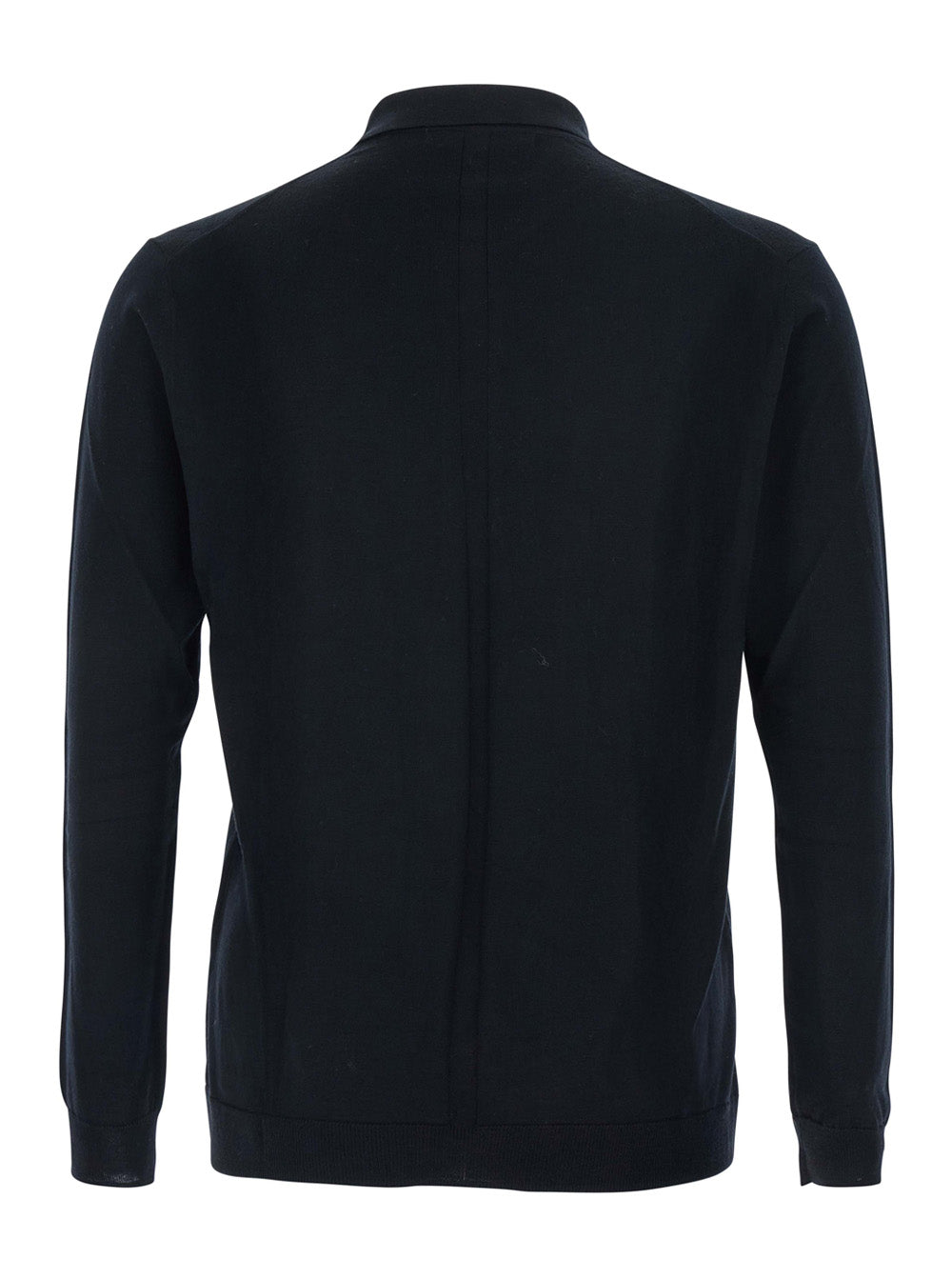 Black Sweater with Polo Shirt Style Collar and Long Sleeves in Wool Man Jersey