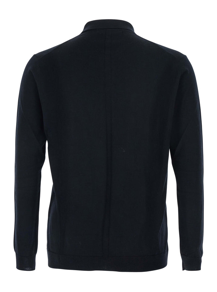 Black Sweater with Polo Shirt Style Collar and Long Sleeves in Wool Man Jersey