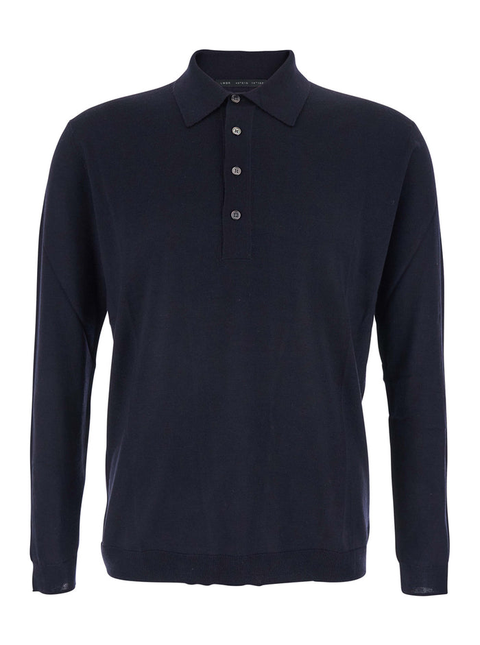 Blue Sweater with Polo Shirt Style Collar and Long Sleeves in Wool Man Blu Jersey