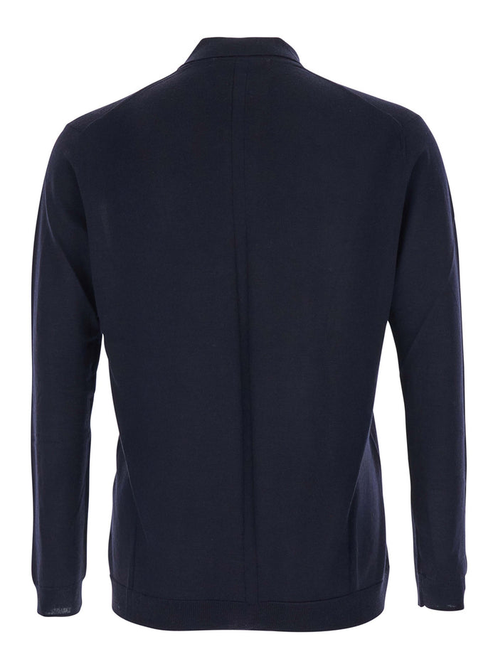 Blue Sweater with Polo Shirt Style Collar and Long Sleeves in Wool Man Blu Jersey