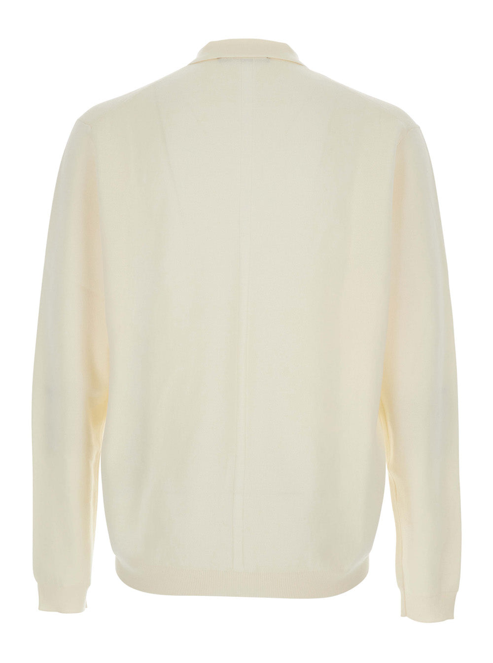 White Sweater with Polo Shirt Style Collar and Long Sleeves in Wool Man Jersey