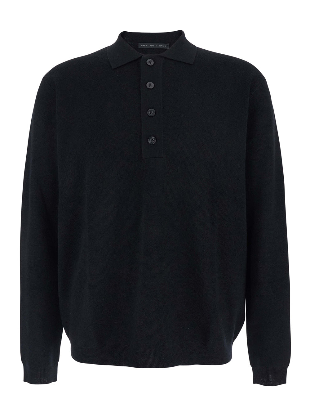Black Sweater with Polo Shirt Style Collar and Long Sleeves in Wool Man Jersey
