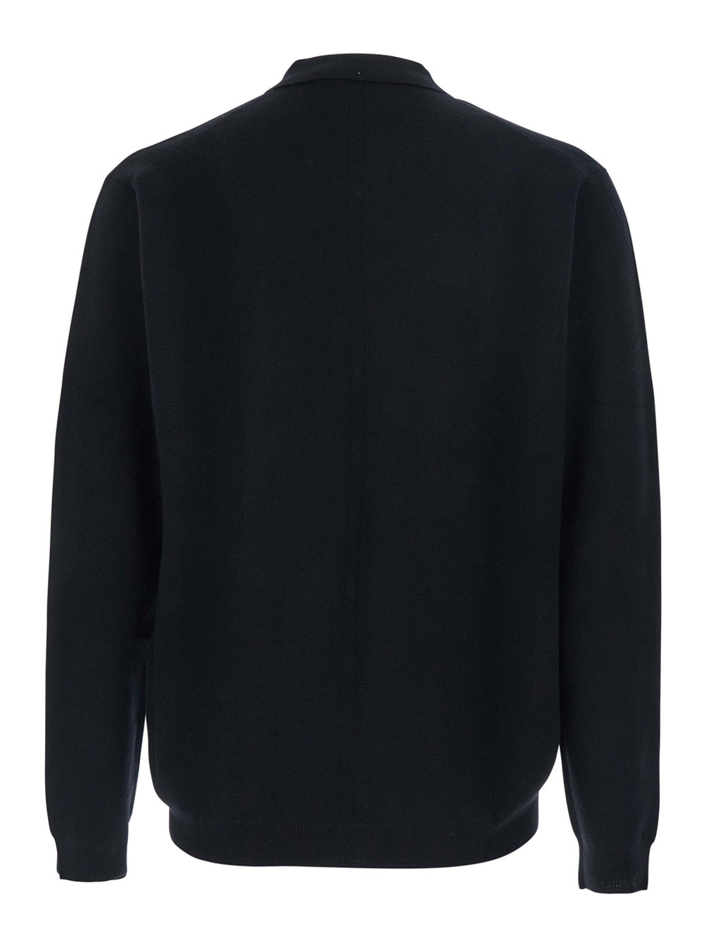 Black Sweater with Polo Shirt Style Collar and Long Sleeves in Wool Man Jersey