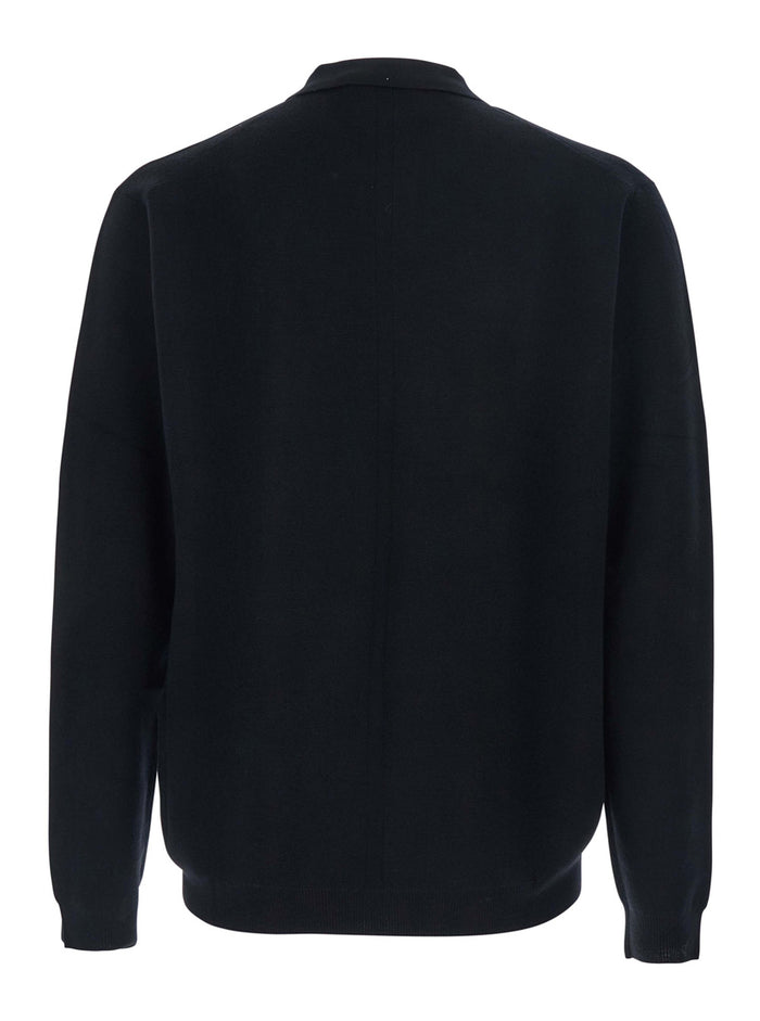 Black Sweater with Polo Shirt Style Collar and Long Sleeves in Wool Man Jersey