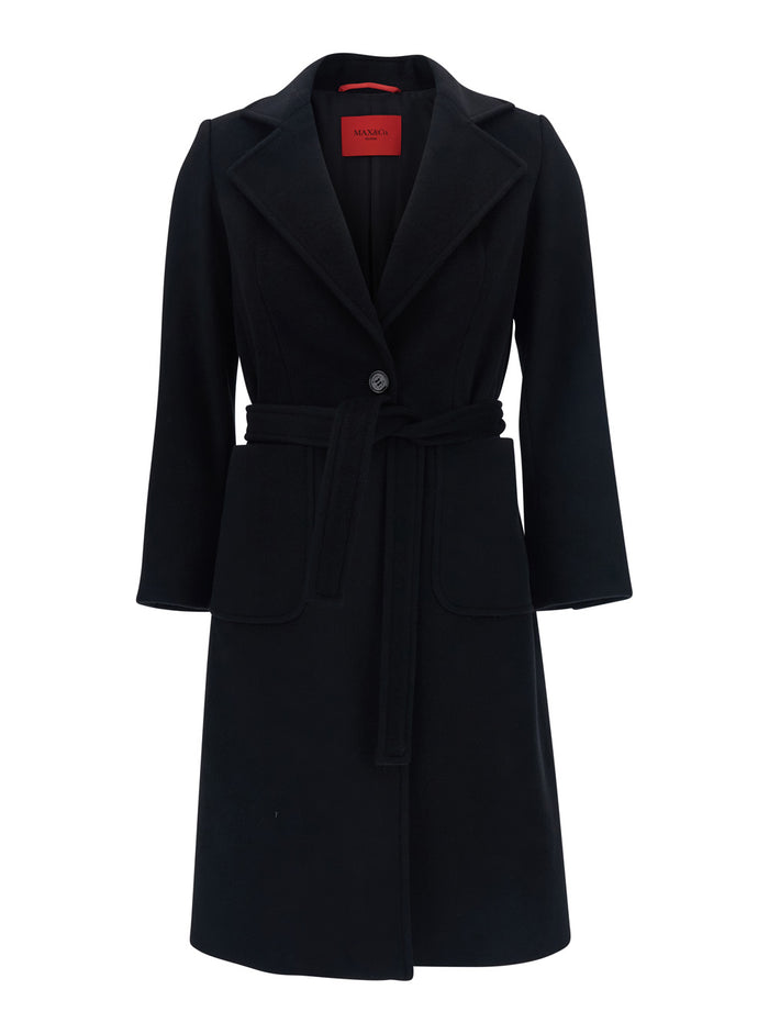 Black Double-Breasted Coat With Notched Revers And Front Belt Closure Wool Girl