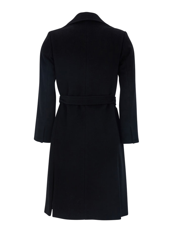 Black Double-Breasted Coat With Notched Revers And Front Belt Closure Wool Girl