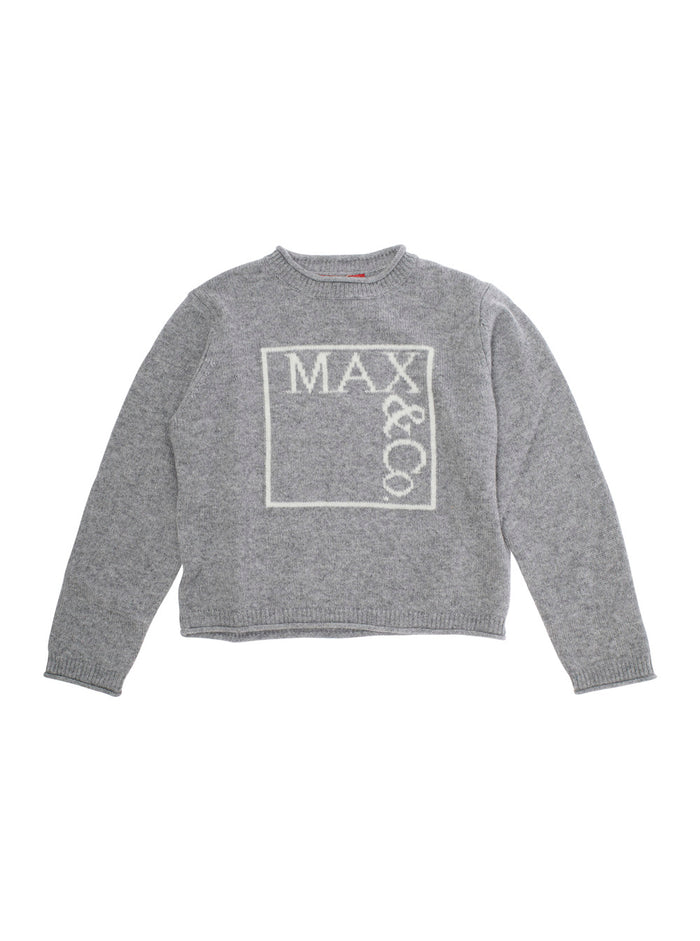 Grey Crew Neck Sweater With Front Logo Lettering Wool Blend Girl Jersey