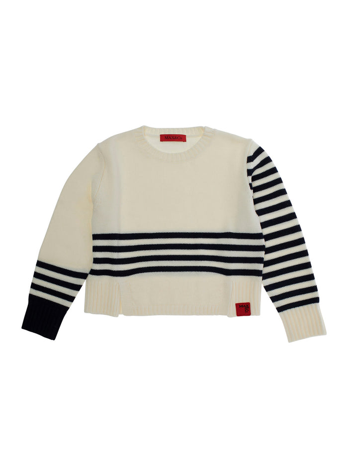 White Crew Neck Sweater With Striped Motif Wool Blend Girl Acrylic Jersey