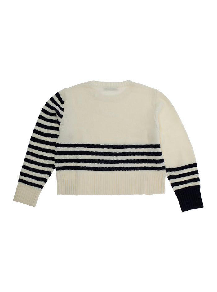 White Crew Neck Sweater With Striped Motif Wool Blend Girl Acrylic Jersey