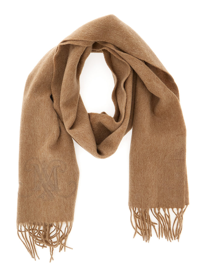 Beige Scarf With Logo Embroidery On The Front And Fringed Hem Wool Girl Scarfs Foulards