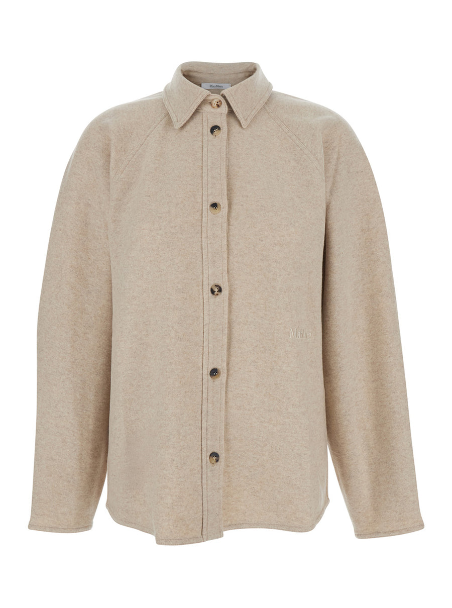 Beige Cashmere Cardigan With Classic Collar Elastane Tops