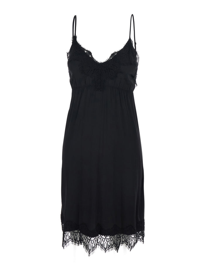 Black Dress With Thin Straps And Tone-On-Tone Lace Trim Fabric Woman