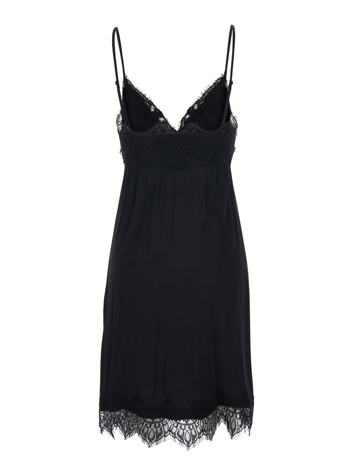 Black Dress With Thin Straps And Tone-On-Tone Lace Trim Fabric Woman