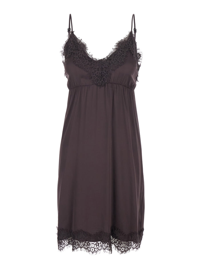 Brown Dress With Thin Straps And Tone-On-Tone Lace Trim Fabric Woman