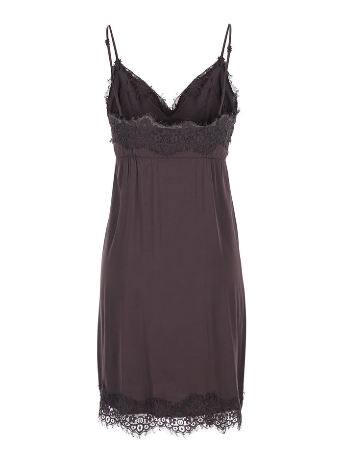 Brown Dress With Thin Straps And Tone-On-Tone Lace Trim Fabric Woman