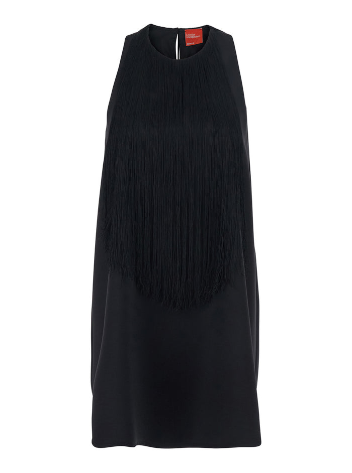Black Dress With Round Neckline And Fringes Applied To The Front Back Fabric Woman
