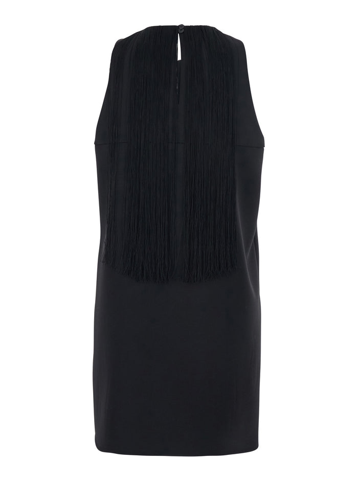 Black Dress With Round Neckline And Fringes Applied To The Front Back Fabric Woman